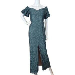 Aidan Mattox Puff Sleeve Sequined Embroidered Evening Dress Gown Teal Size 6
